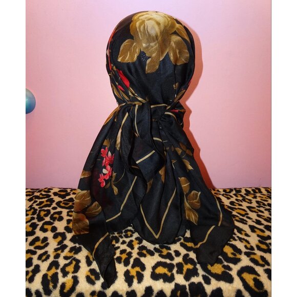 Vintage Kathie Lee Collection Extra Large Floral Scarf black roses head wrap bow - Picture 9 of 16
